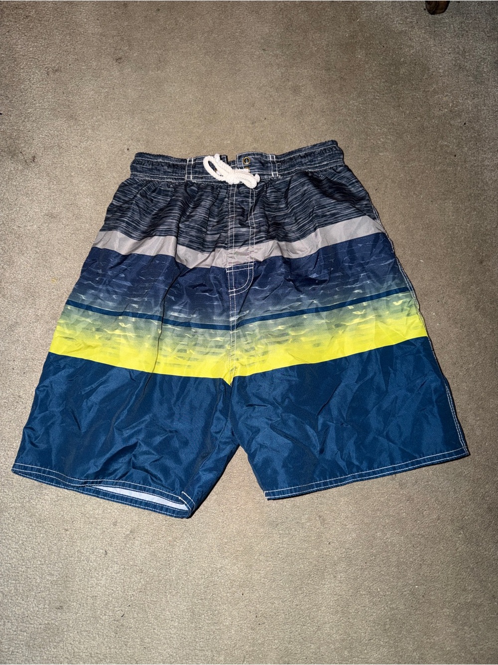 Boys Blue & Yellow Stripe Swim Trunks